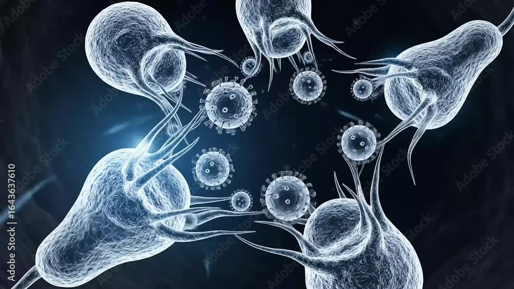 Poster microscopic view of bacteria interacting with viruses in a dark environment, showcasing cellular dyn