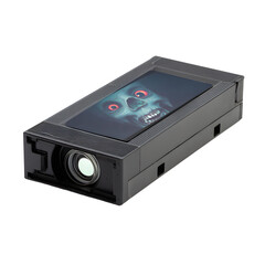 Projector displays a terrifying zombie image. High contrast shows the spooky design on a flat surface.