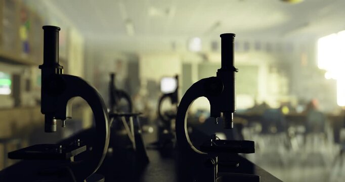 Several microscopes are positioned on a table, focusing on a classroom filled with students engaging in a science lesson, creating a lively educational atmosphere.