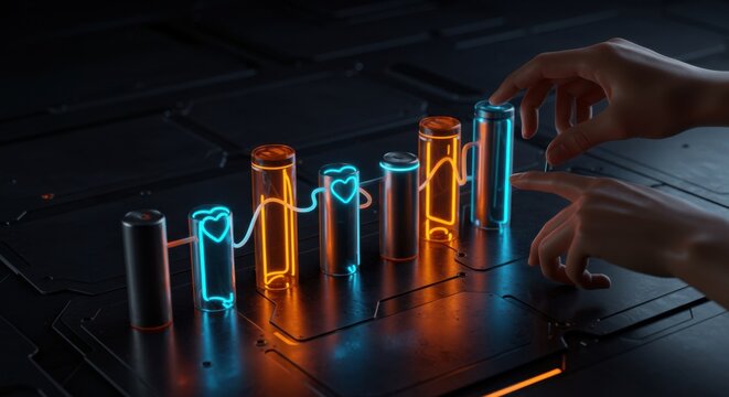 A woman's hand touching glowing battery with a changing heart rate, concept of health data or energy monitoring