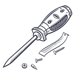 Hand drawn illustration of a screwdriver with a pointed tip and screws and nails on a black background