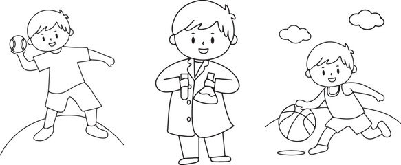 Boy Scientist – Lab Coat, Experiment, Education, Science, Learning, Child, Cartoon, Illustration, Minimal, Outline, Student, Knowledge, Research, Glasses, School, Doodle, Happy