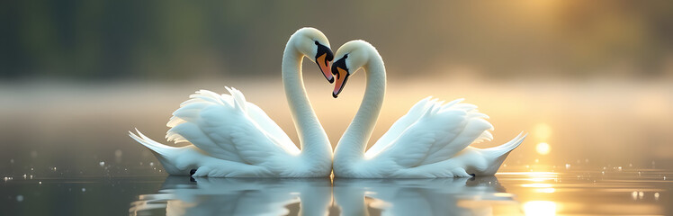 Fototapeta premium serene two pristine white swans gently embracing necks perfect symmetry atop still early morning lake bathed