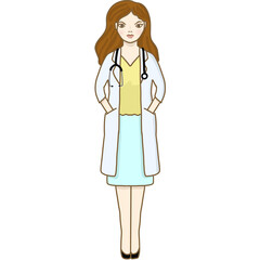 A cartoon illustration of a female doctor with long brown hair, wearing a white lab coat over a yellow blouse and light blue skirt , for labor day.
