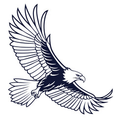 Majestic dark blue eagle soaring with outstretched wings against a stark black background