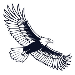 Majestic dark blue eagle with outstretched wings soaring gracefully against a stark black background