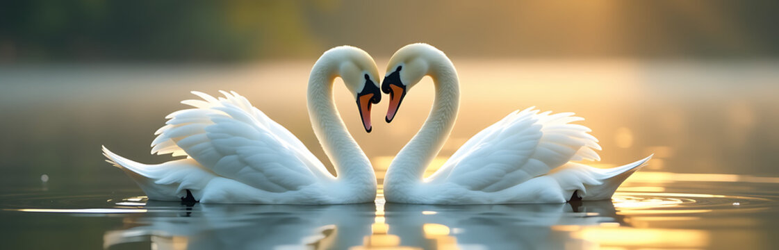 serene two pristine white swans gently embracing necks perfect symmetry atop still early morning lake bathed