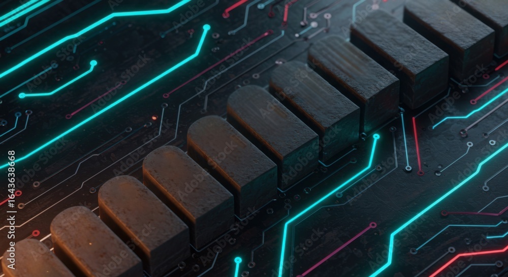 Aufkleber electronic circuit board with glowing neon lines and abstract components. digital technology infrast