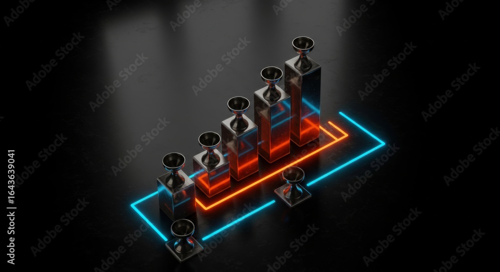 Poster business growth chart with rising trend lines shown by an isometric bar graph with neon lights for d