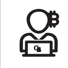 Fototapeta premium Bitcoin user icon. Cryptocurrency trader with laptop. Fintech and blockchain technology concept. Vector line art symbol