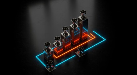 Business growth chart with rising trend lines shown by an isometric bar graph with neon lights for data analysis.
