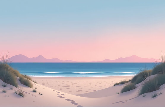 serene beachscape dusk soft pink hues blending tranquil blue skies still ocean set warm sand dunes gentle