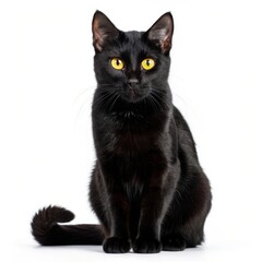 Obraz premium Striking black cat with vibrant yellow eyes on a clean white background