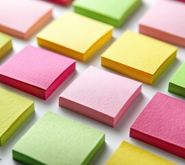 Fototapeta premium Colorful square sticky notes arranged in a grid pattern on a white background, showcasing various pastel shades