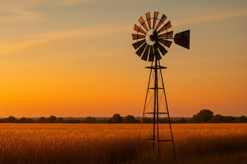 Rustic windmill silhouetted against a colorful sunset sky