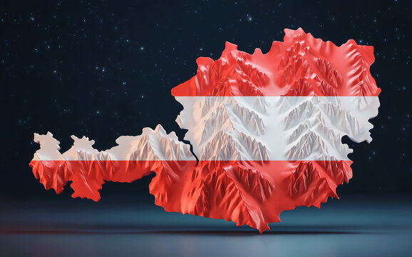 A 3D topographic map of Austria rendered in the colors of the Austrian flag – red and white – showcasing the country's mountainous terrain. The map is presented as a floating globe, gently rotating ag