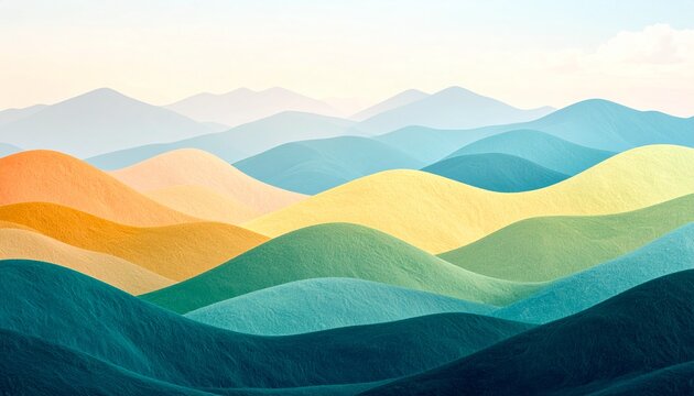 Fototapeta A mesmerizing landscape of rolling hills and mountains in pastel colors creating a serene and peaceful atmosphere for relaxation and inspiration