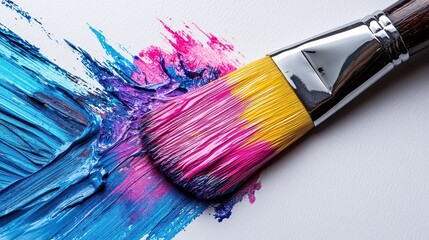 Obraz premium Paintbrush with vibrant pink, blue, and purple paint strokes on white background.