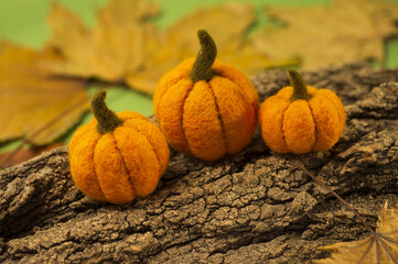 handmade orange pumpkins made of natural wool on tree bark