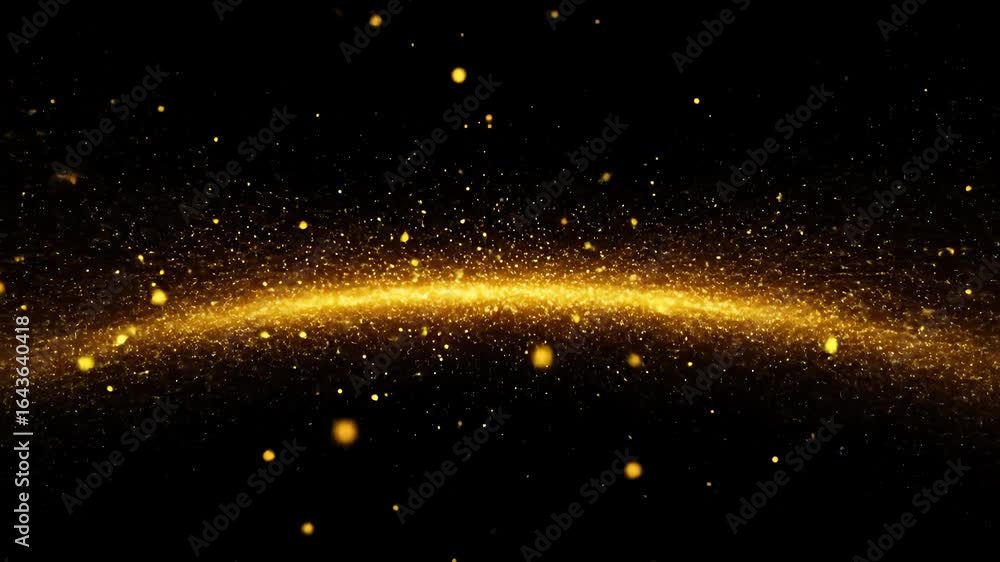 Poster golden particles flowing across dark background in slow motion abstract