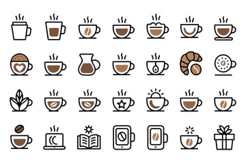 Collection of coffee and tea cup icons set in modern style