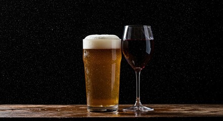 A pint of beer with foam and a glass of red wine on a wood surface