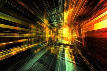 An abstract digital artwork depicting a dynamic, glowing, three-dimensional tunnel or corridor with vibrant streaks of yellow, orange, and green light against a dark background, suggesting speed.