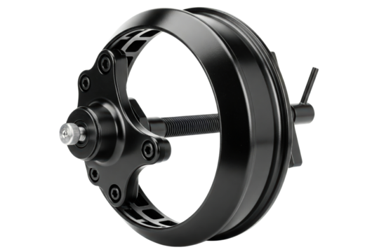 Mechanical black metal flywheel with central threaded axle isolated on a transparent background