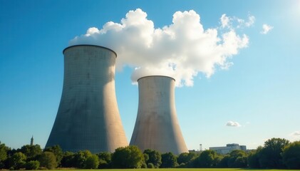 Imposing industrial cooling towers release a plume of condensation into a clear blue sky , energy, clouds, facility