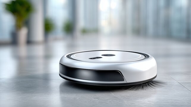 Robotic vacuum cleaner operates on a polished floor in a modern interior