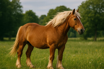 Obraz premium Majestic horse standing in the lush green field