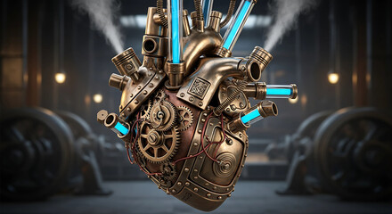 Intricate steampunk heart machine with gears, pipes, and brass elements, blending vintage aesthetics with futuristic technology in a creative design