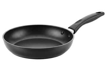 Black nonstick frying pan with an ergonomic plastic handle isolated on a transparent background