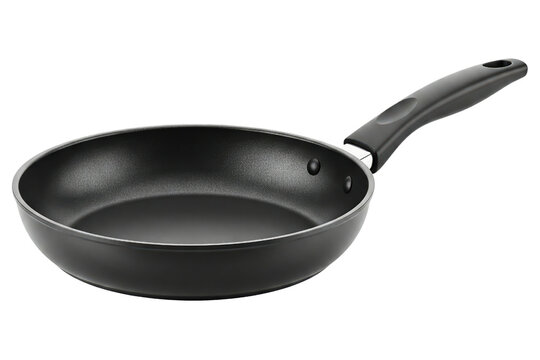 Black nonstick frying pan with an ergonomic plastic handle isolated on a transparent background