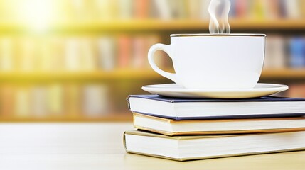 Aromatic serenity: A steaming cup atop stacked books in warm library ambiance