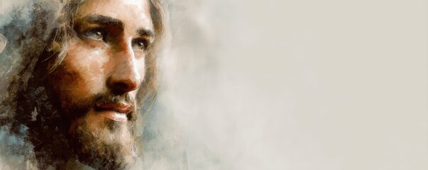 Artistic side portrait of Jesus Christ with warm tones and soft blurred background, ideal for Christian publications, inspirational designs, and religious artwork