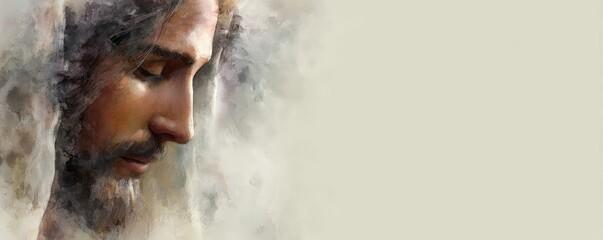 Peaceful artistic portrait of Jesus Christ with eyes closed in prayer against a soft muted background, perfect for Christian publications, religious art, and inspirational designs
