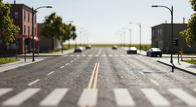A detailed perspective of a bustling urban street, showcasing modern city infrastructure with vehicles in motion and architectural buildings under a clear sky, capturing daily city life.