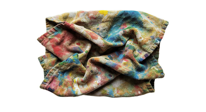 Colorful artist towel paint stained cloth for art studio cleaning and creative messy workspace backdrop