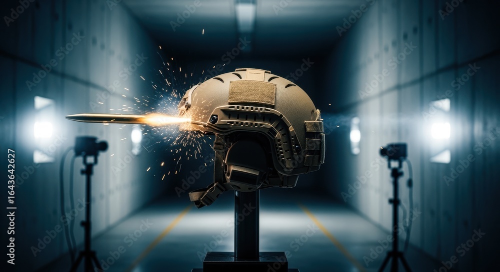 Poster side profile of a ballistic helmet being subjected to controlled projectile firing within an advance