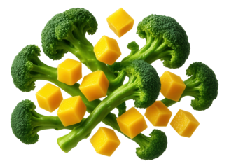 Broccoli florets and diced mangoes poised to meet in mid-flight.