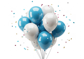 Bunch of blue and white balloons with confetti isolated on transparent background