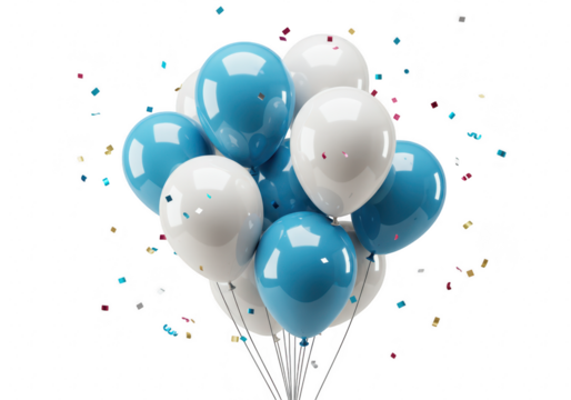Bunch of blue and white balloons with confetti isolated on transparent background - Powered by Adobe