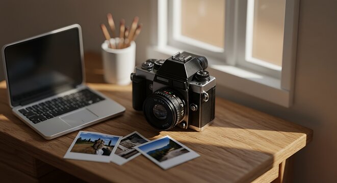 Creative photographer's workspace with a classic film camera, laptop, and instant prints in a sunlit room