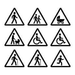Warning Signs Pedestrians, Children, and Accessibility Icons for Safety 