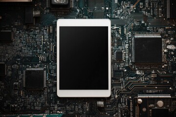 A white tablet with a blank screen rests on a complex, dark green circuit board, surrounded by various electronic components