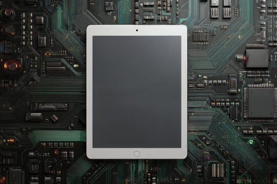 A white tablet rests on a complex, dark teal circuit board, its blank screen reflecting subtle light - Powered by Adobe