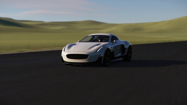 White sports car driving on a road with rolling hills