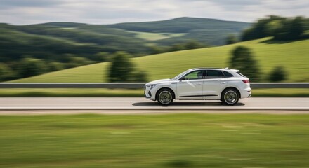 White SUV Driving on a Highway Through Green Rolling Hills