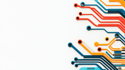Colorful electronic circuit board design with blue, orange, and red lines on white background, modern technology concept